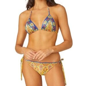 NWT Shoshanna Bikini Set Yellow Gold Multi Triangle Top C/D Tie Bottoms XL